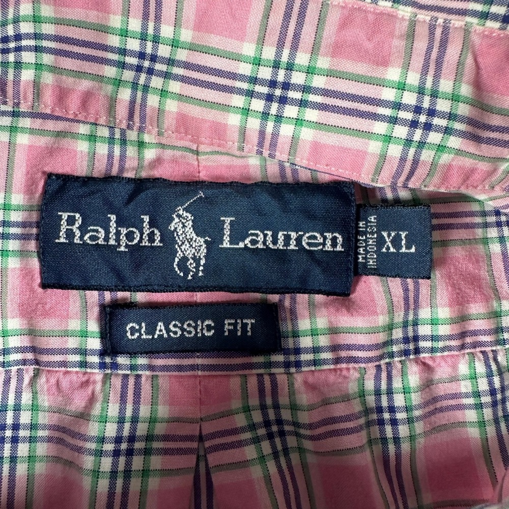 Ralph Lauren Mens XL Classic Fit Short Sleeve Plaid Button Down Shirt Pink Green - Picture 4 of 6